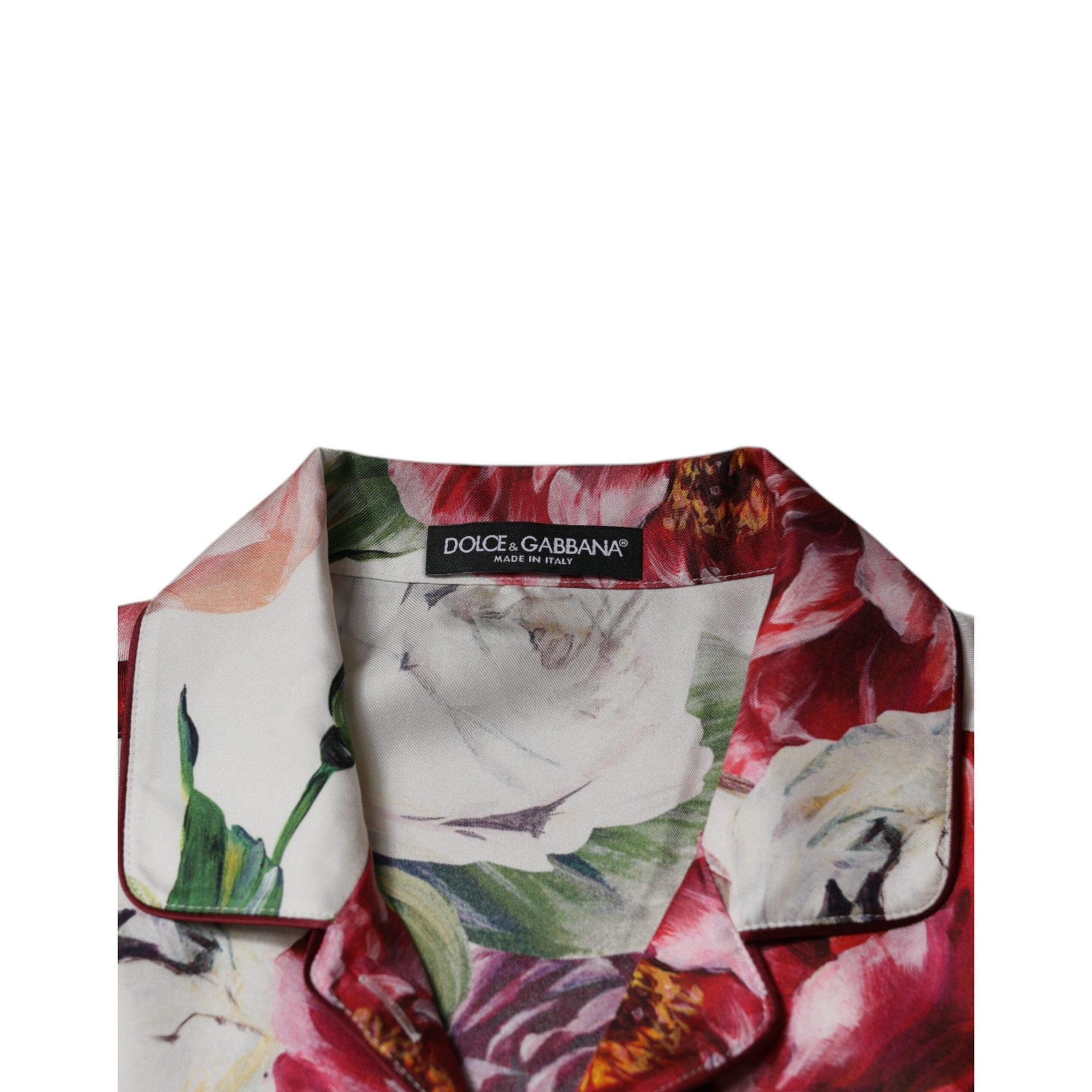 Dolce &amp; Gabbana White Peony Silk Long Sleeves Collared Blouse Top
