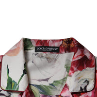 Dolce & Gabbana White Peony Silk Long Sleeves Collared Blouse Top