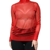 Dolce & Gabbana Red Mesh Turtleneck Long Sleeve Blouse Top