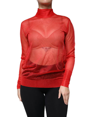 Dolce & Gabbana Red Mesh Turtleneck Long Sleeve Blouse Top