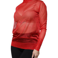 Dolce & Gabbana Red Mesh Turtleneck Long Sleeve Blouse Top