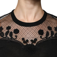 Dolce & Gabbana Black Floral Lace Short Sleeves Blouse Top