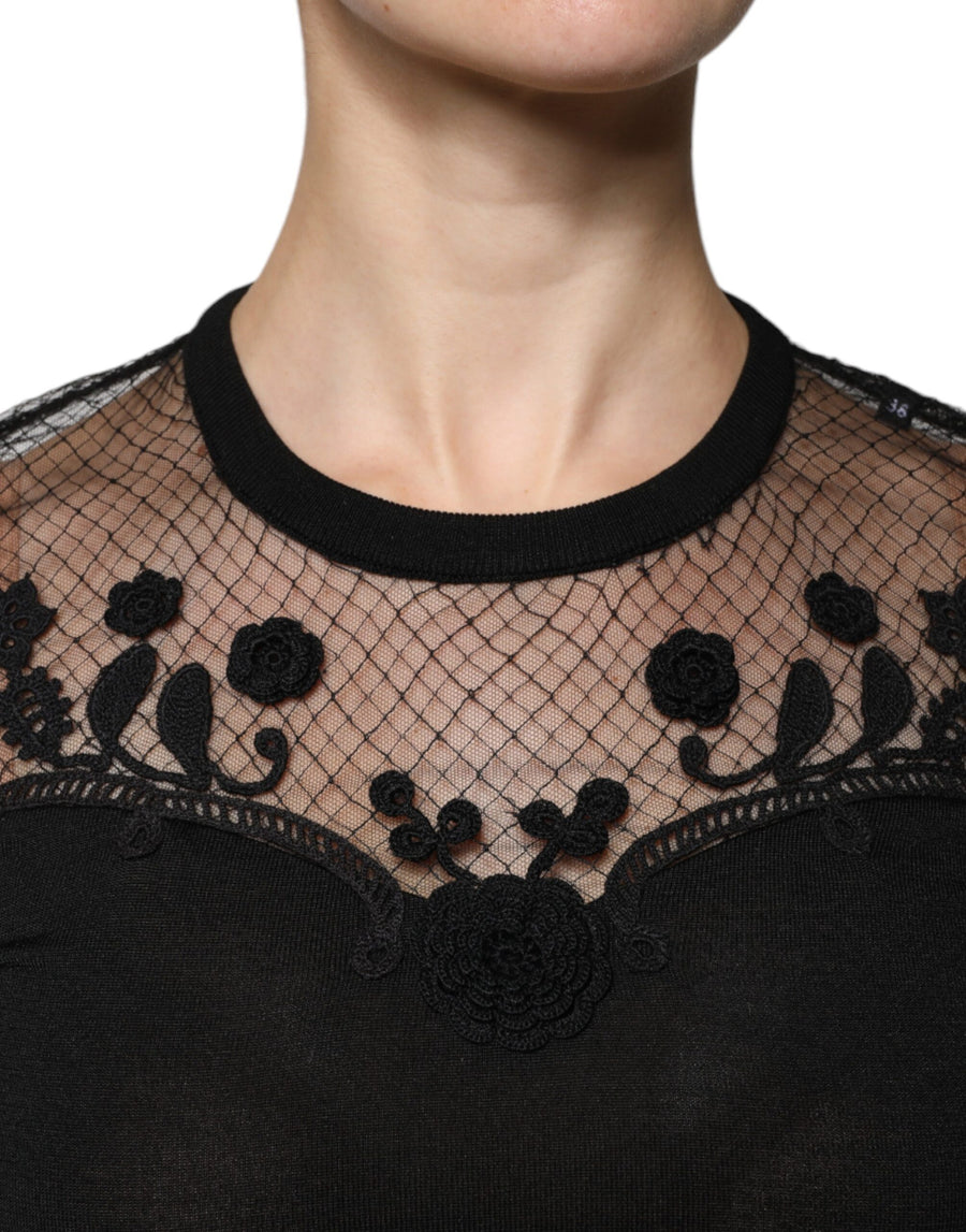 Dolce & Gabbana Black Floral Lace Short Sleeves Blouse Top