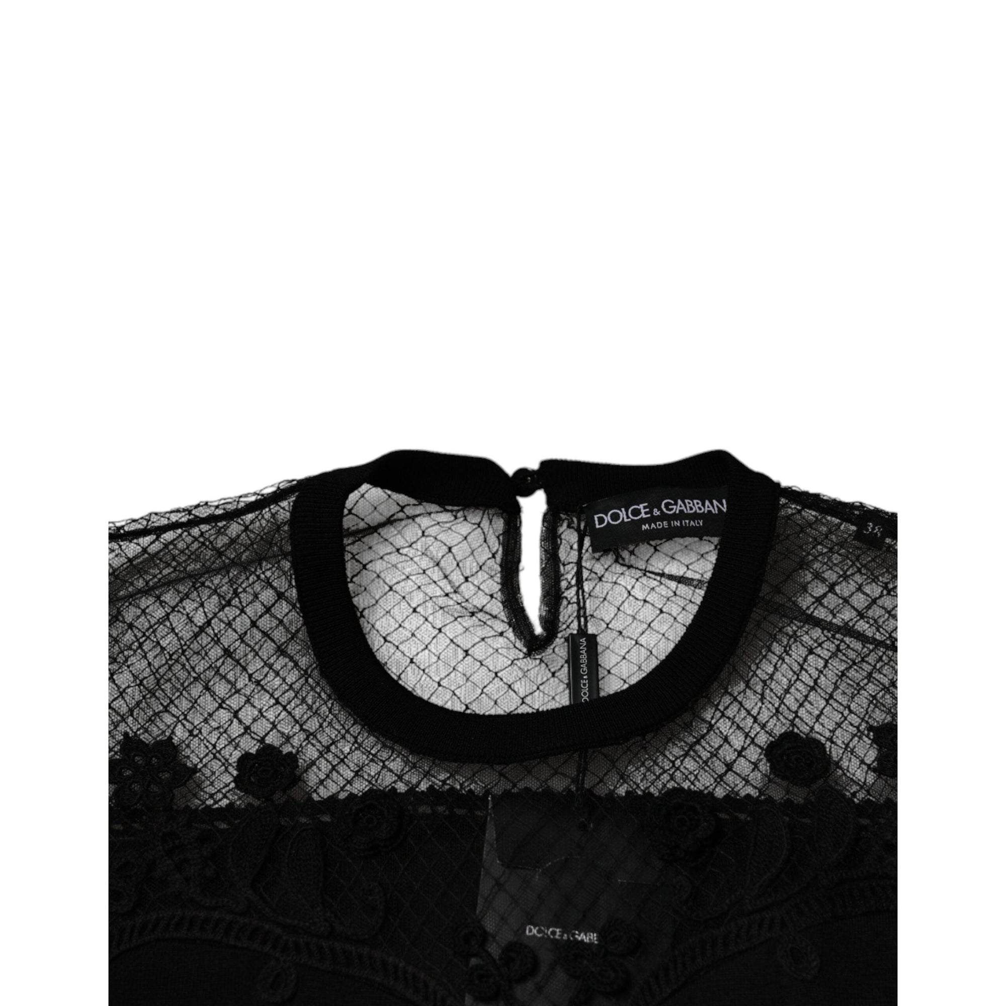 Dolce &amp; Gabbana Black Floral Lace Short Sleeves Blouse Top