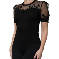 Dolce & Gabbana Black Floral Lace Short Sleeves Blouse Top