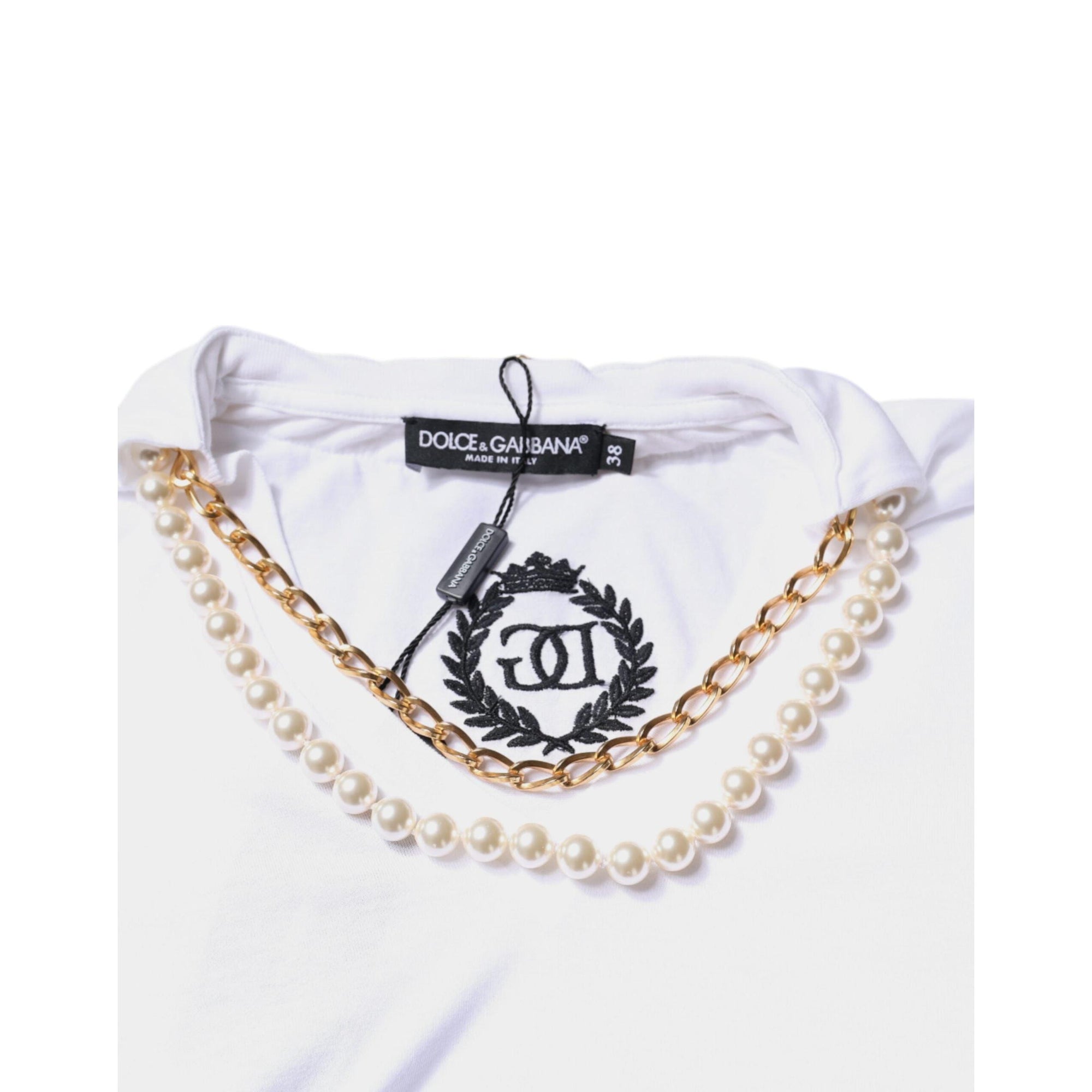 Dolce &amp; Gabbana White Cotton Necklace Chain Short Sleeves T-shirt