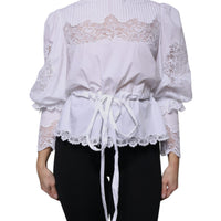 Dolce & Gabbana White Cotton Lace Trim Turtleneck Blouse Top