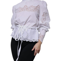 Dolce & Gabbana White Cotton Lace Trim Turtleneck Blouse Top