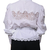 Dolce & Gabbana White Cotton Lace Trim Turtleneck Blouse Top