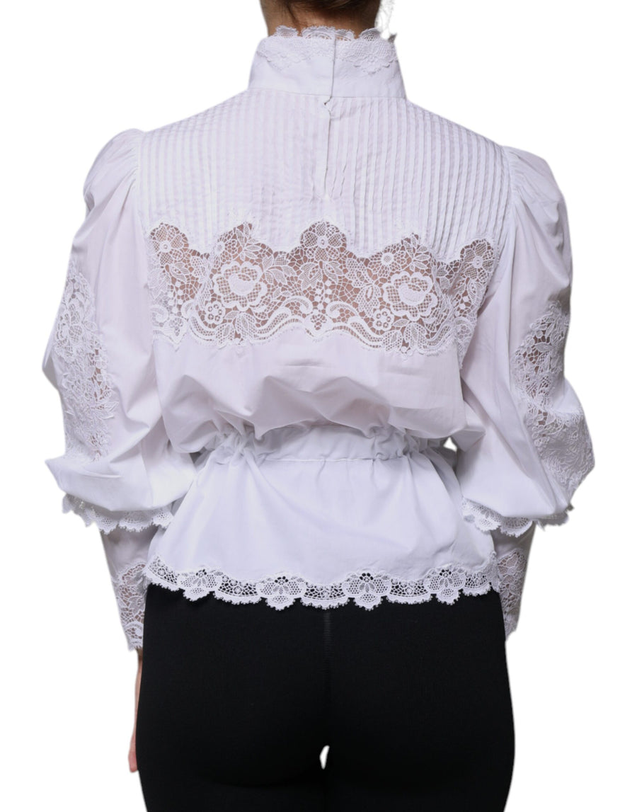 Dolce & Gabbana White Cotton Lace Trim Turtleneck Blouse Top