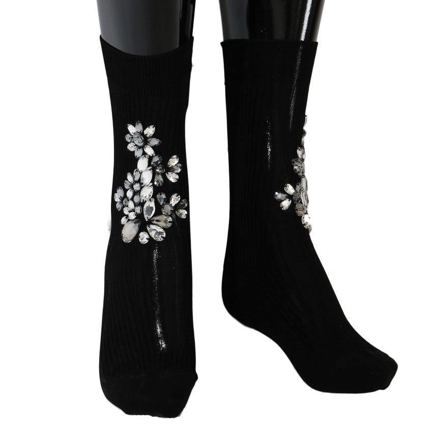 Dolce & Gabbana Crystal Embellished Black Knit Stockings