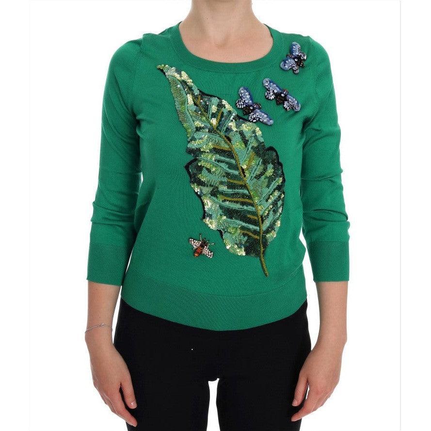 Dolce &amp; Gabbana Embellished Green Silk Pullover Sweater