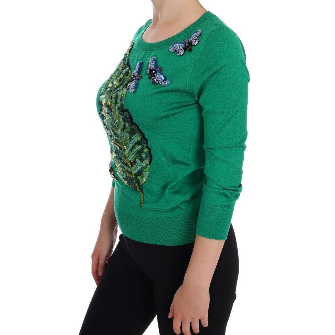 Dolce &amp; Gabbana Embellished Green Silk Pullover Sweater