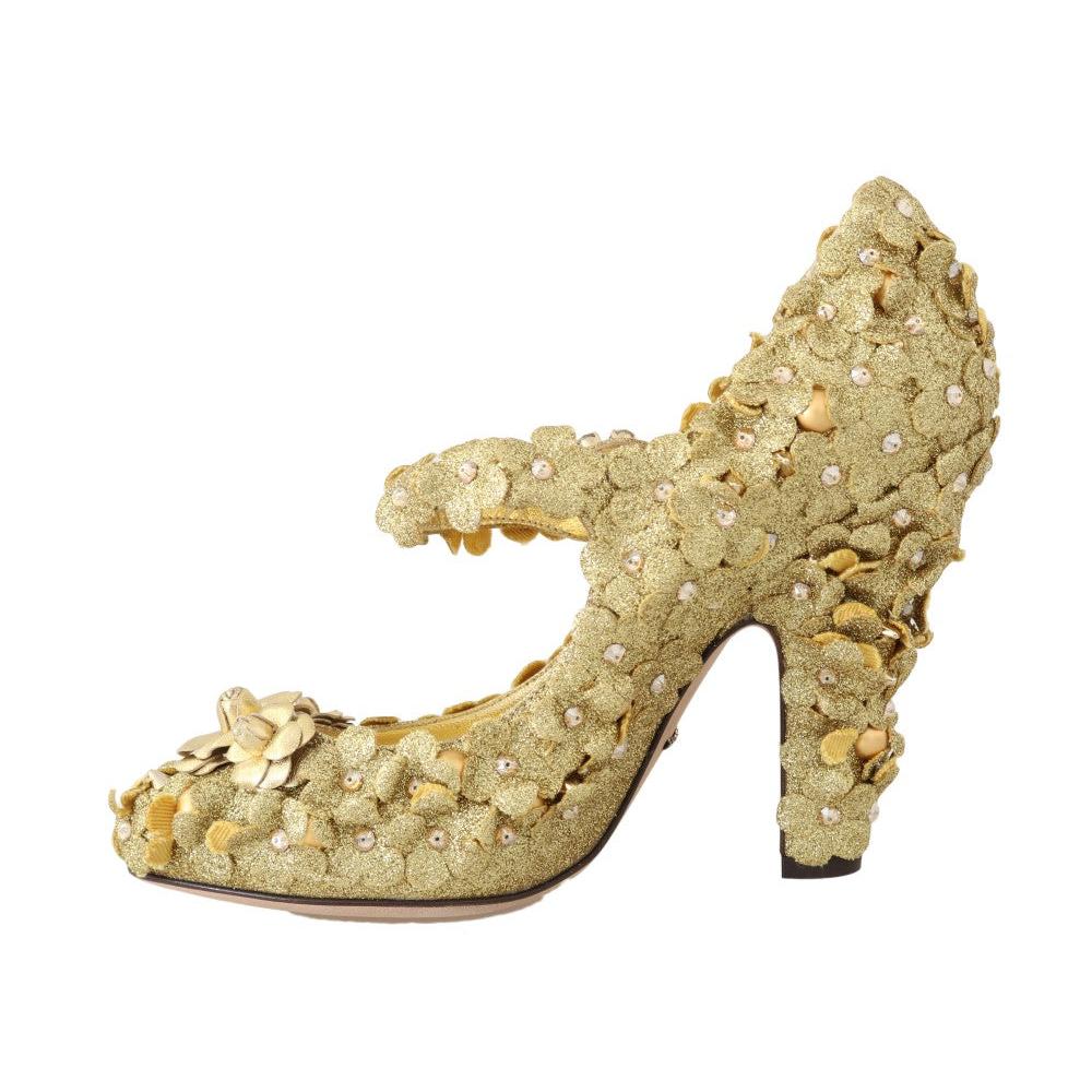Dolce &amp; Gabbana Gold Floral Crystal Embellished Pumps