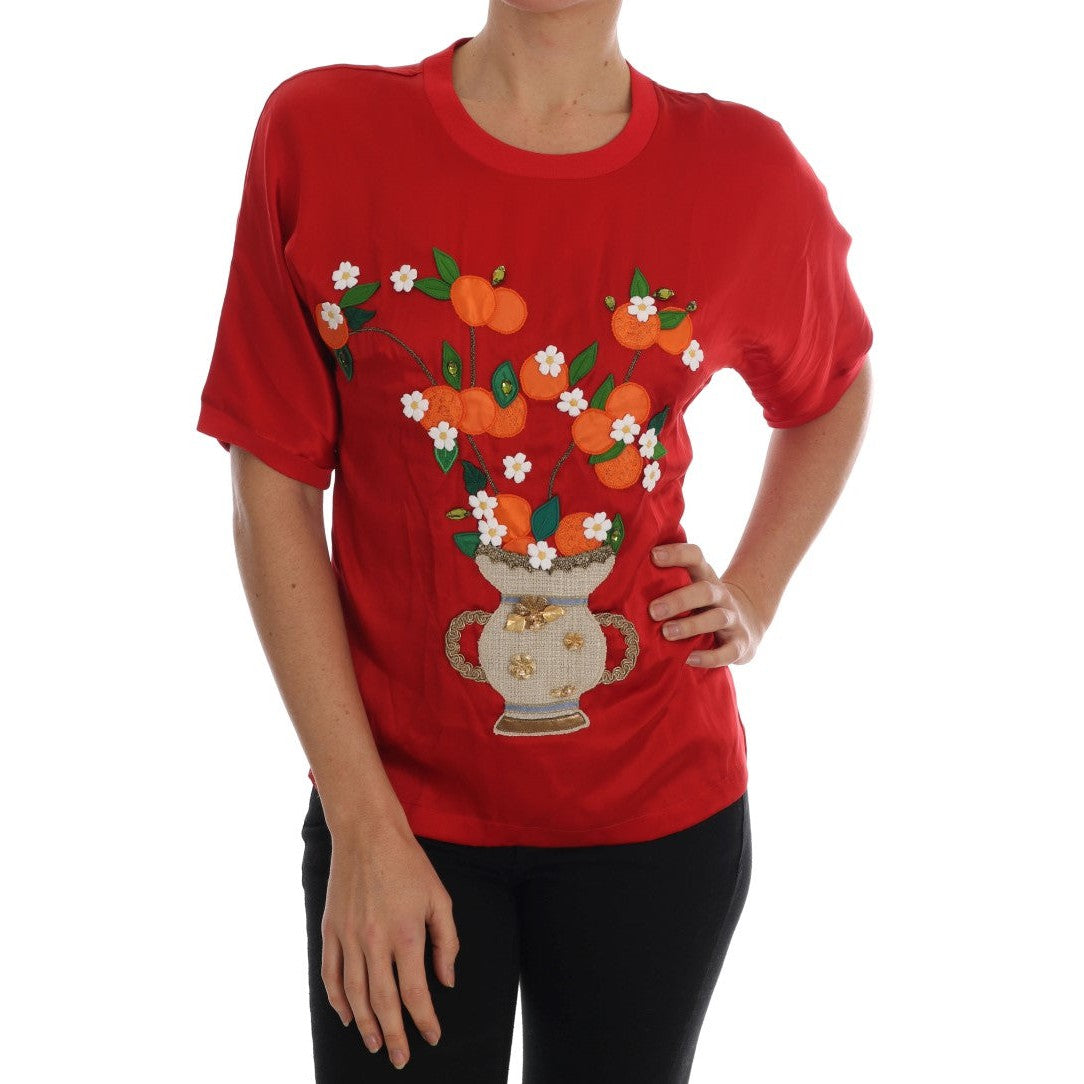 Dolce & Gabbana Red Silk Floral Embroidered Elegance Top