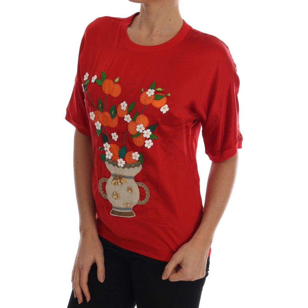 Dolce & Gabbana Red Silk Floral Embroidered Elegance Top