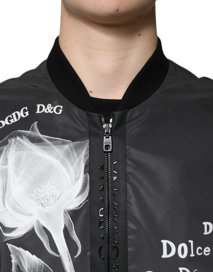 Dolce & Gabbana Black Floral Nylon Full Zip Bomber Jacket