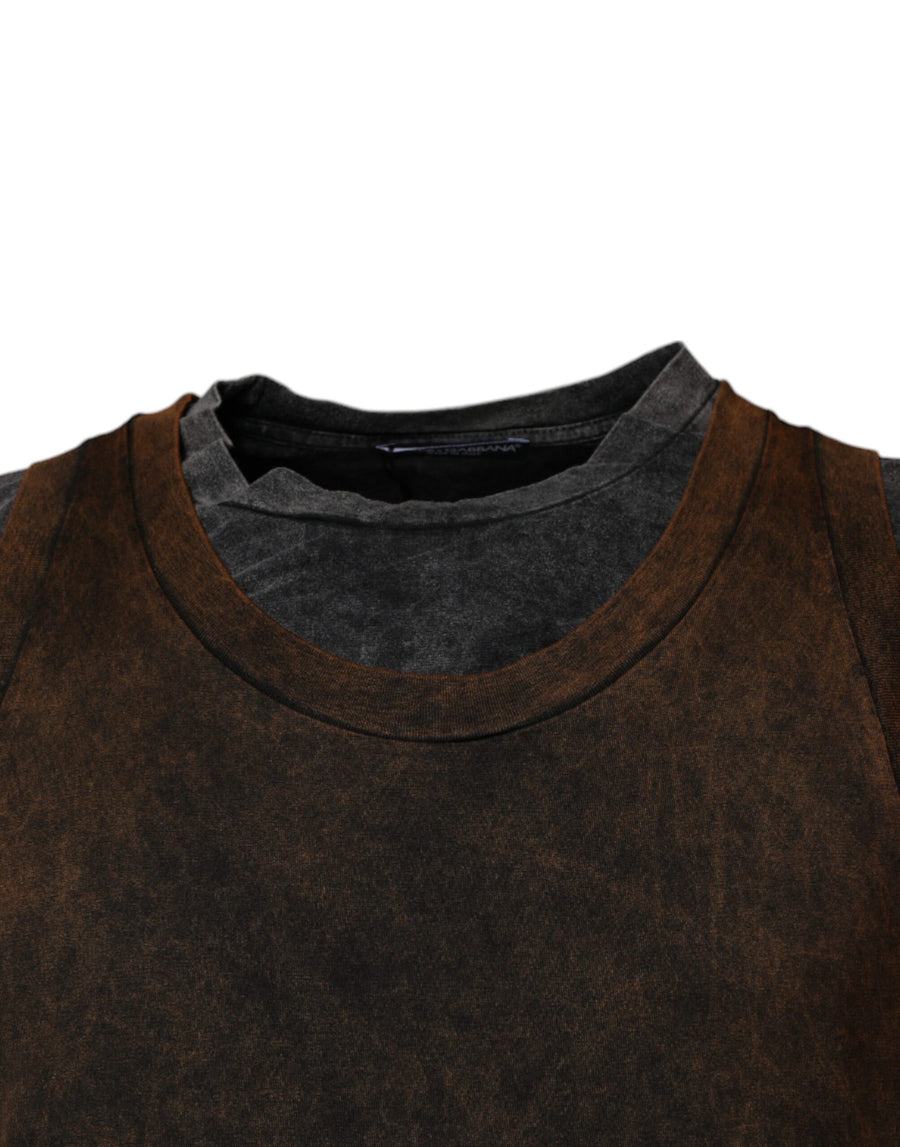 Dolce & Gabbana Brown Cotton Round Neck Sleeveless T-shirt