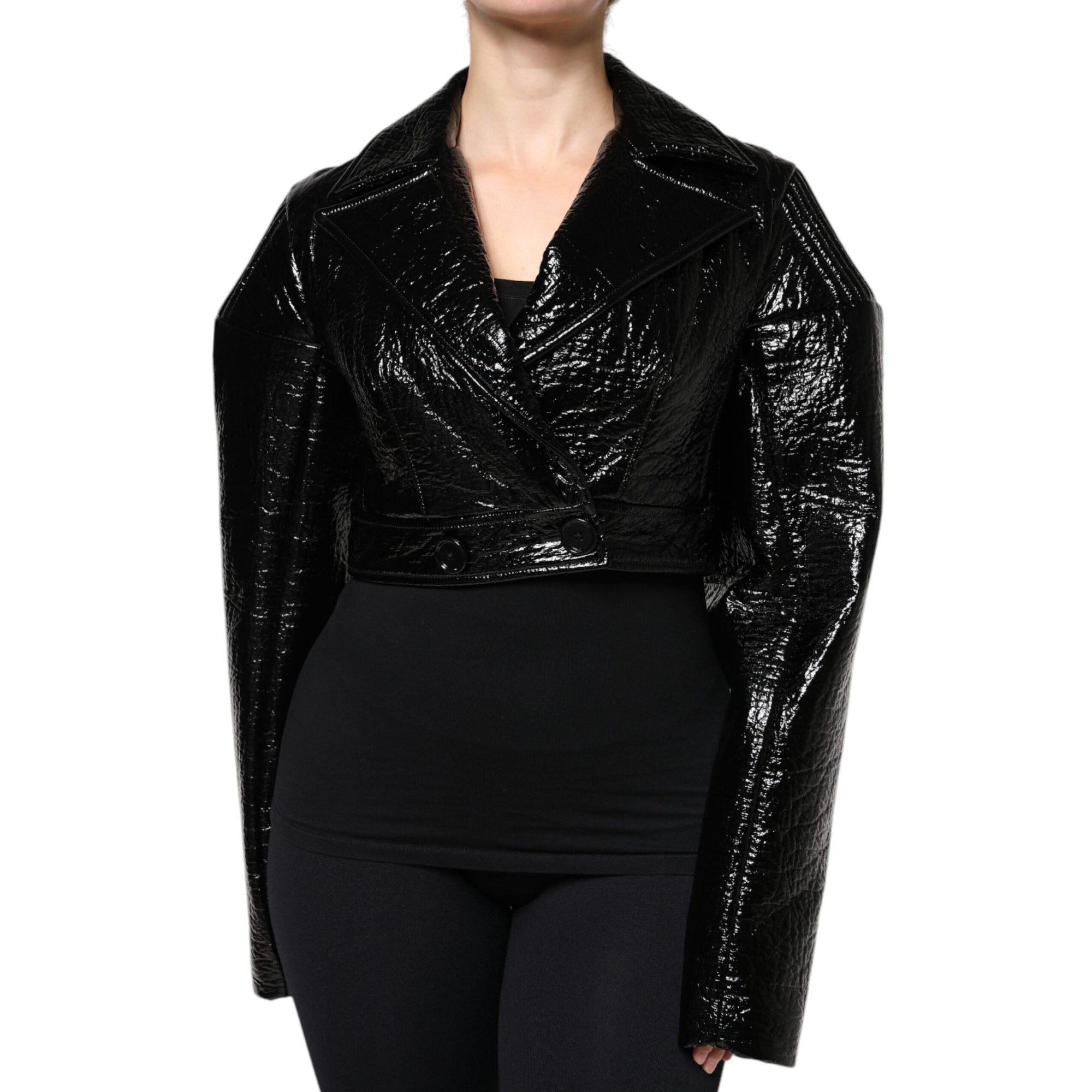 Dolce &amp; Gabbana Black Leather Cropped Long Sleeve Coat Jacket