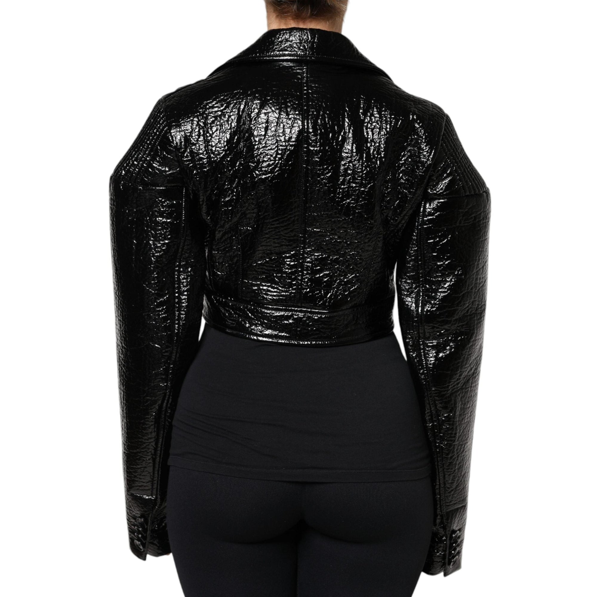 Dolce &amp; Gabbana Black Leather Cropped Long Sleeve Coat Jacket