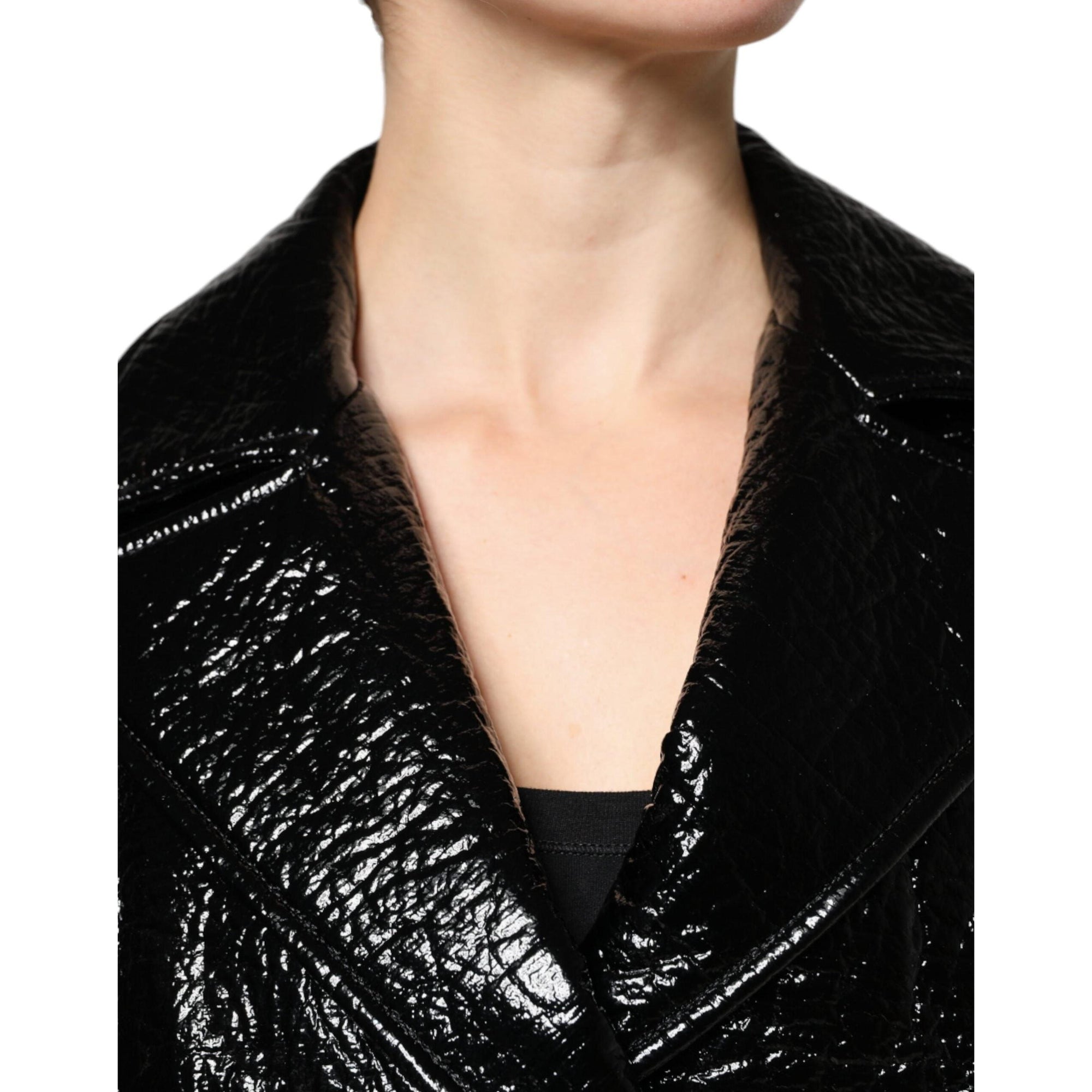 Dolce &amp; Gabbana Black Leather Cropped Long Sleeve Coat Jacket