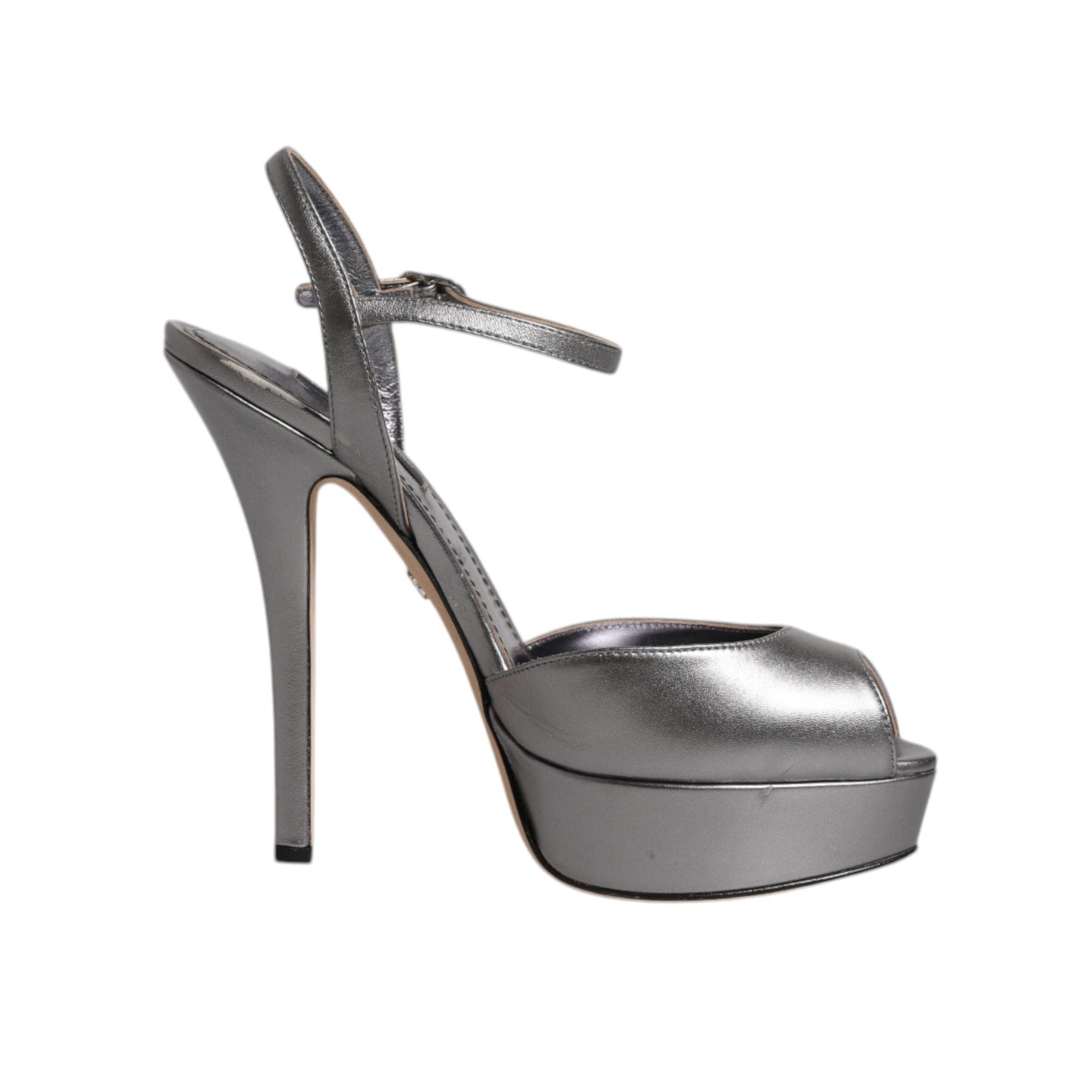Dolce &amp; Gabbana Silver Leather Platform Heels Sandals Shoes