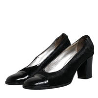 Dolce & Gabbana Black Leather Block Heels Pumps Shoes