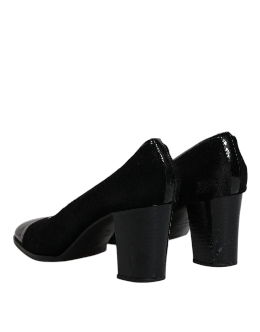 Dolce & Gabbana Black Leather Block Heels Pumps Shoes