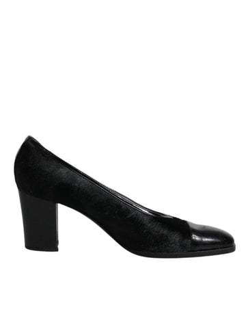 Dolce & Gabbana Black Leather Block Heels Pumps Shoes