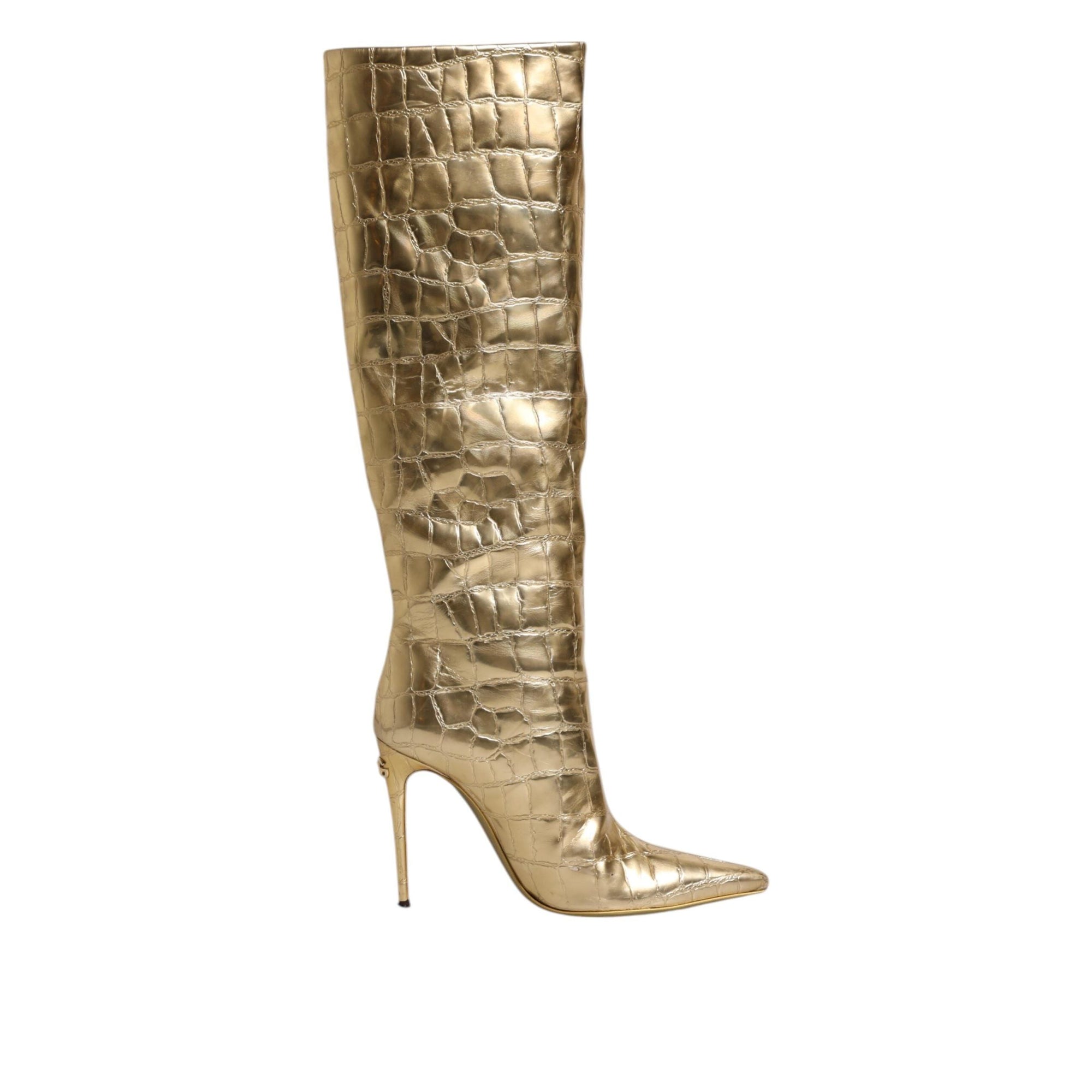 Dolce &amp; Gabbana Gold Leather Stiletto Heels High Boots Shoes