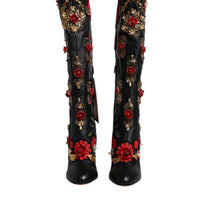 Dolce & Gabbana Black Roses Embellished Leather Heel Boots Shoes