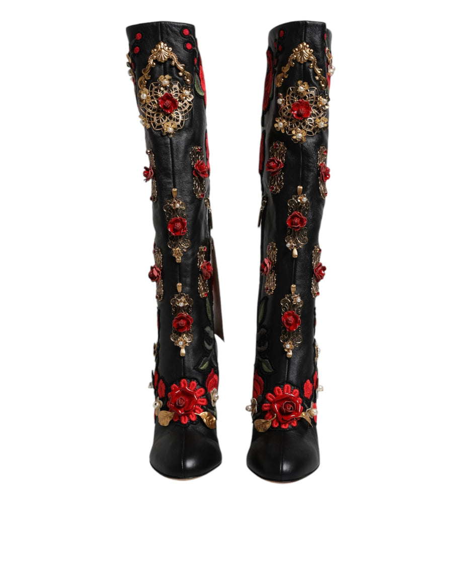 Dolce & Gabbana Black Roses Embellished Leather Heel Boots Shoes