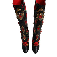 Dolce & Gabbana Black Roses Embellished Leather Heel Boots Shoes