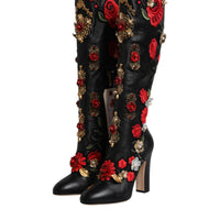 Dolce & Gabbana Black Roses Embellished Leather Heel Boots Shoes