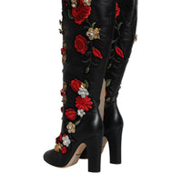 Dolce & Gabbana Black Roses Embellished Leather Heel Boots Shoes