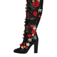 Dolce & Gabbana Black Roses Embellished Leather Heel Boots Shoes