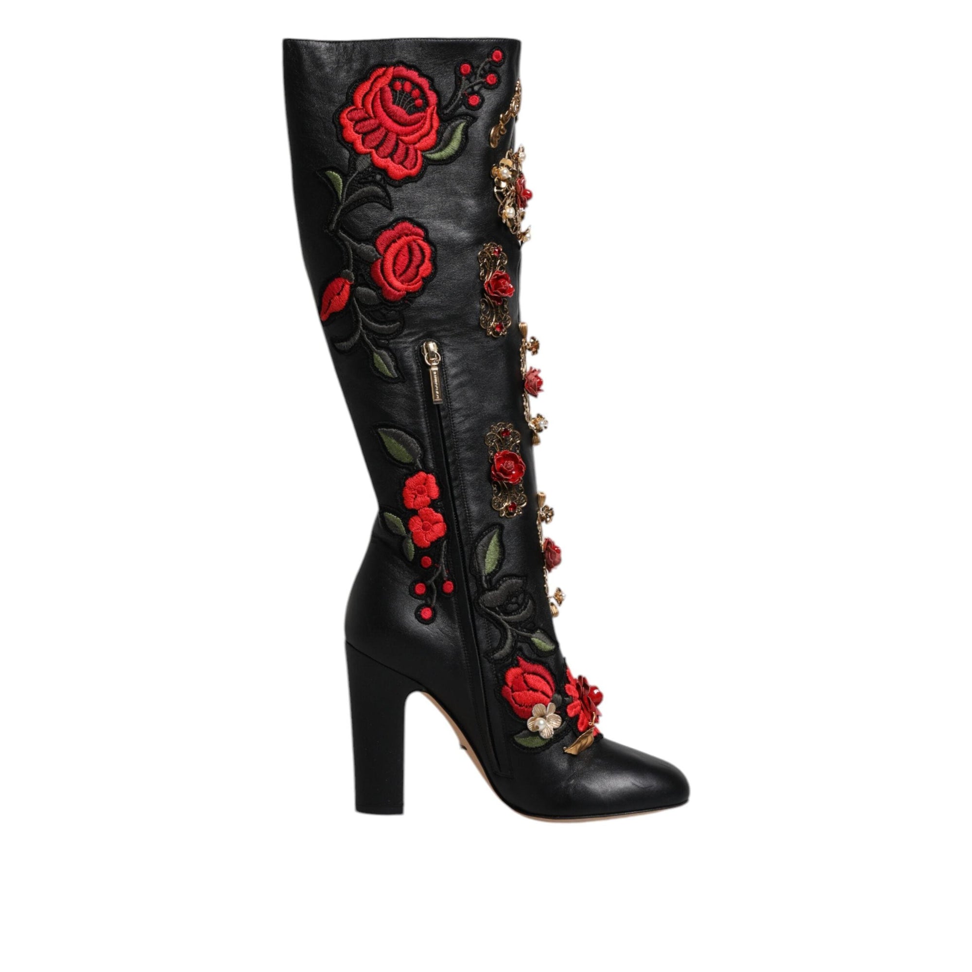 Dolce &amp; Gabbana Black Roses Embellished Leather Heel Boots Shoes