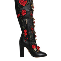 Dolce & Gabbana Black Roses Embellished Leather Heel Boots Shoes