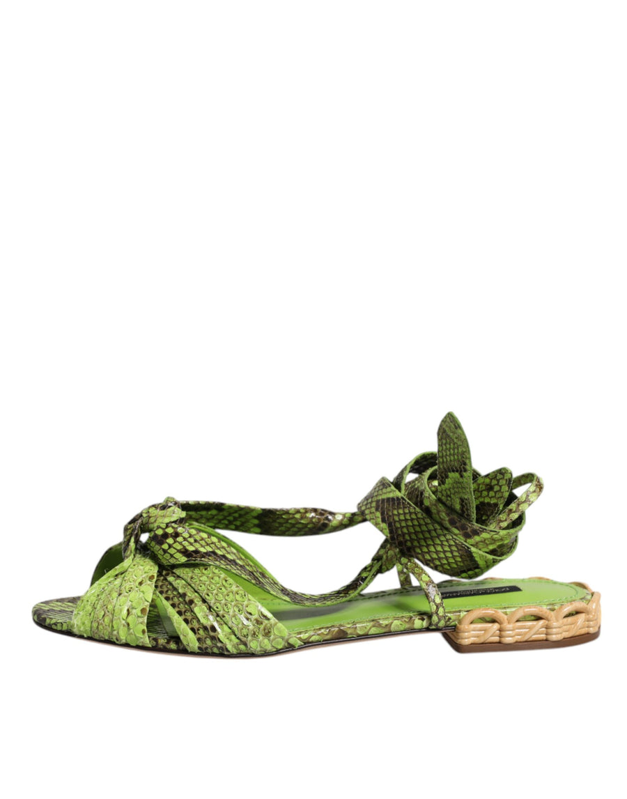 Dolce & Gabbana Green Animal Print Ankle Wrap Sandals Shoes