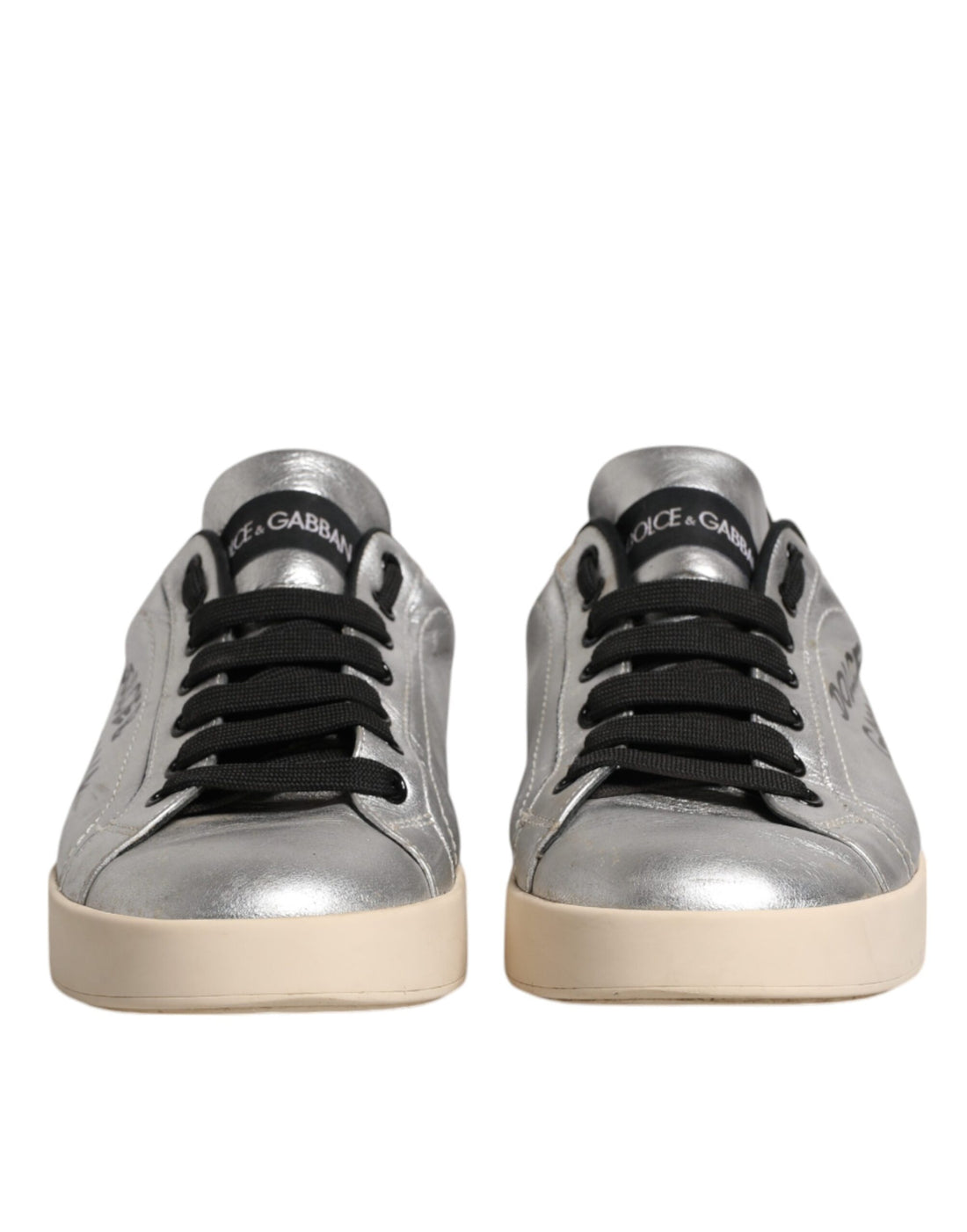 Dolce & Gabbana Silver Calf Leather Portofino Sneakers Shoes