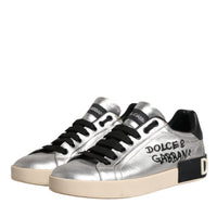 Dolce & Gabbana Silver Calf Leather Portofino Sneakers Shoes