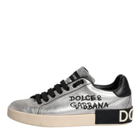 Dolce & Gabbana Silver Calf Leather Portofino Sneakers Shoes