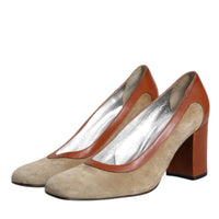 Dolce & Gabbana Beige Brown Leather Block Heels Pumps Shoes