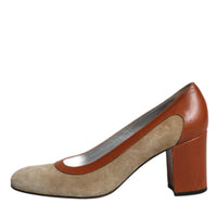 Dolce & Gabbana Beige Brown Leather Block Heels Pumps Shoes