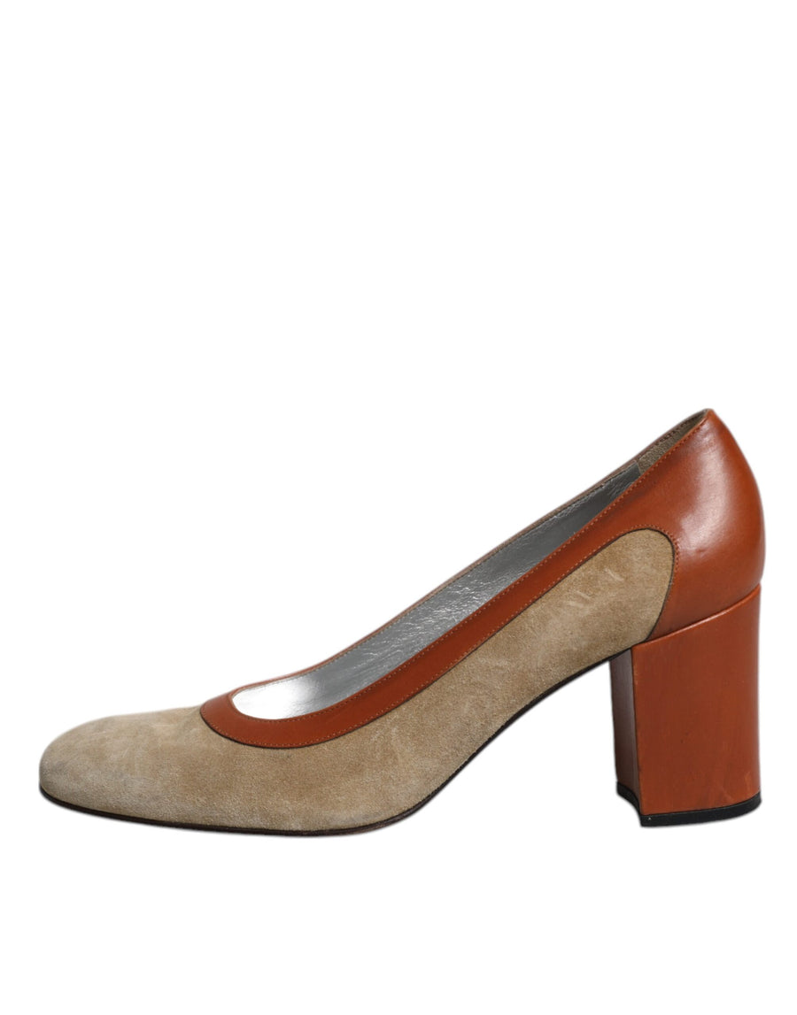 Dolce & Gabbana Beige Brown Leather Block Heels Pumps Shoes