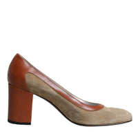 Dolce & Gabbana Beige Brown Leather Block Heels Pumps Shoes