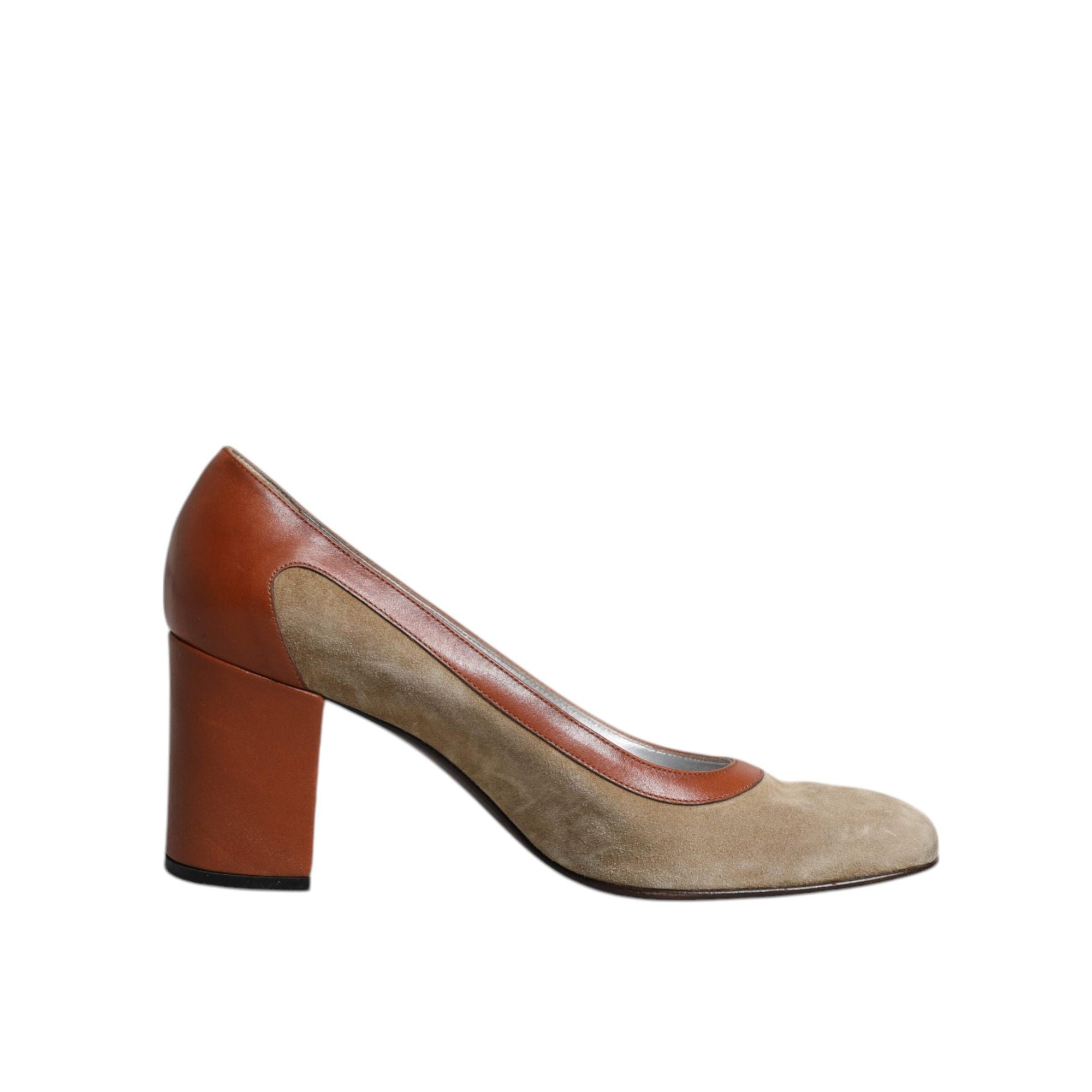 Dolce &amp; Gabbana Beige Brown Leather Block Heels Pumps Shoes