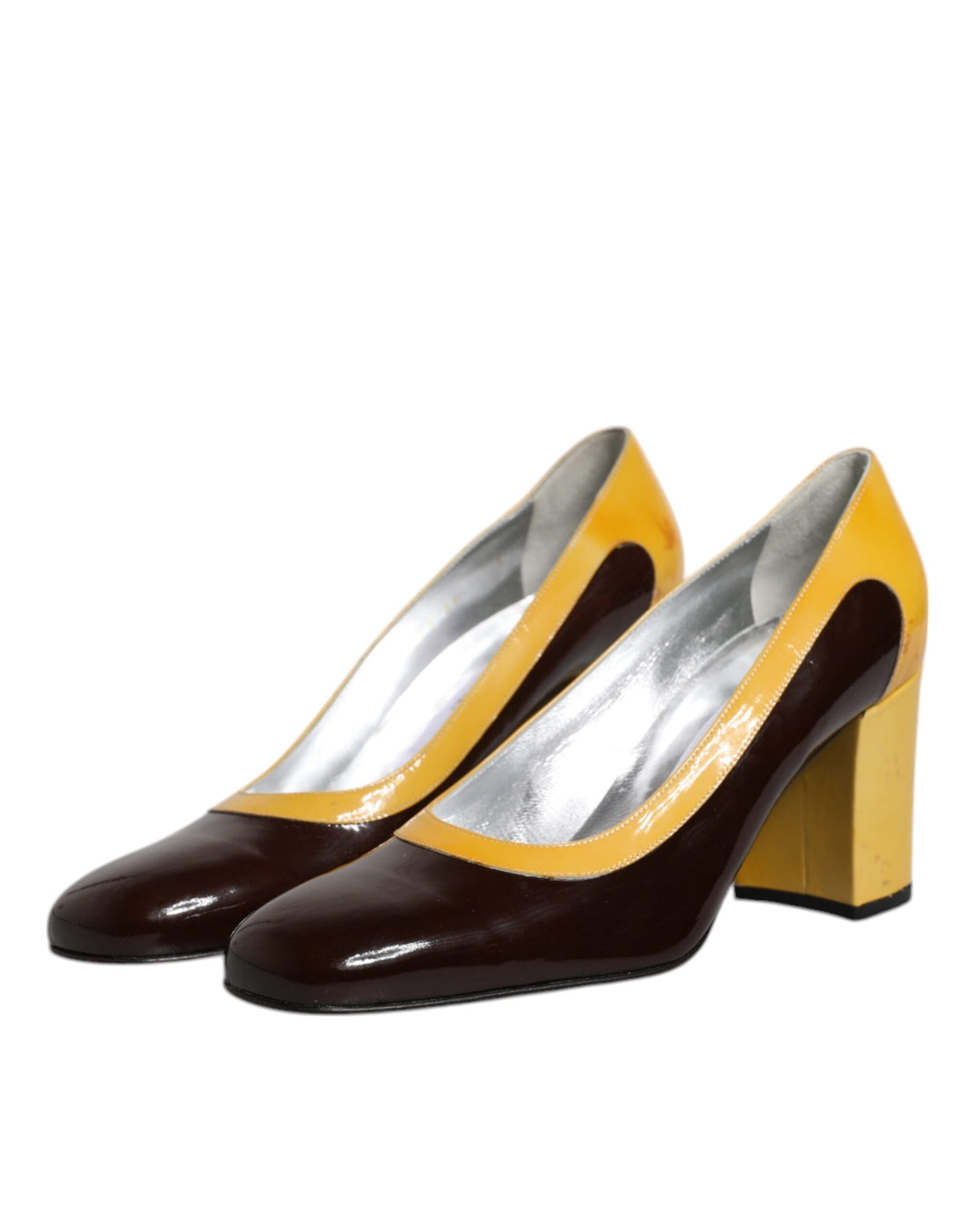 Dolce & Gabbana Yellow Brown Leather Block Heel Pumps Shoes