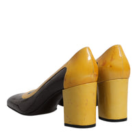 Dolce & Gabbana Yellow Brown Leather Block Heel Pumps Shoes