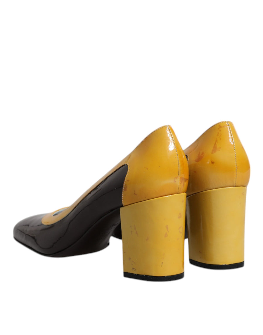 Dolce & Gabbana Yellow Brown Leather Block Heel Pumps Shoes